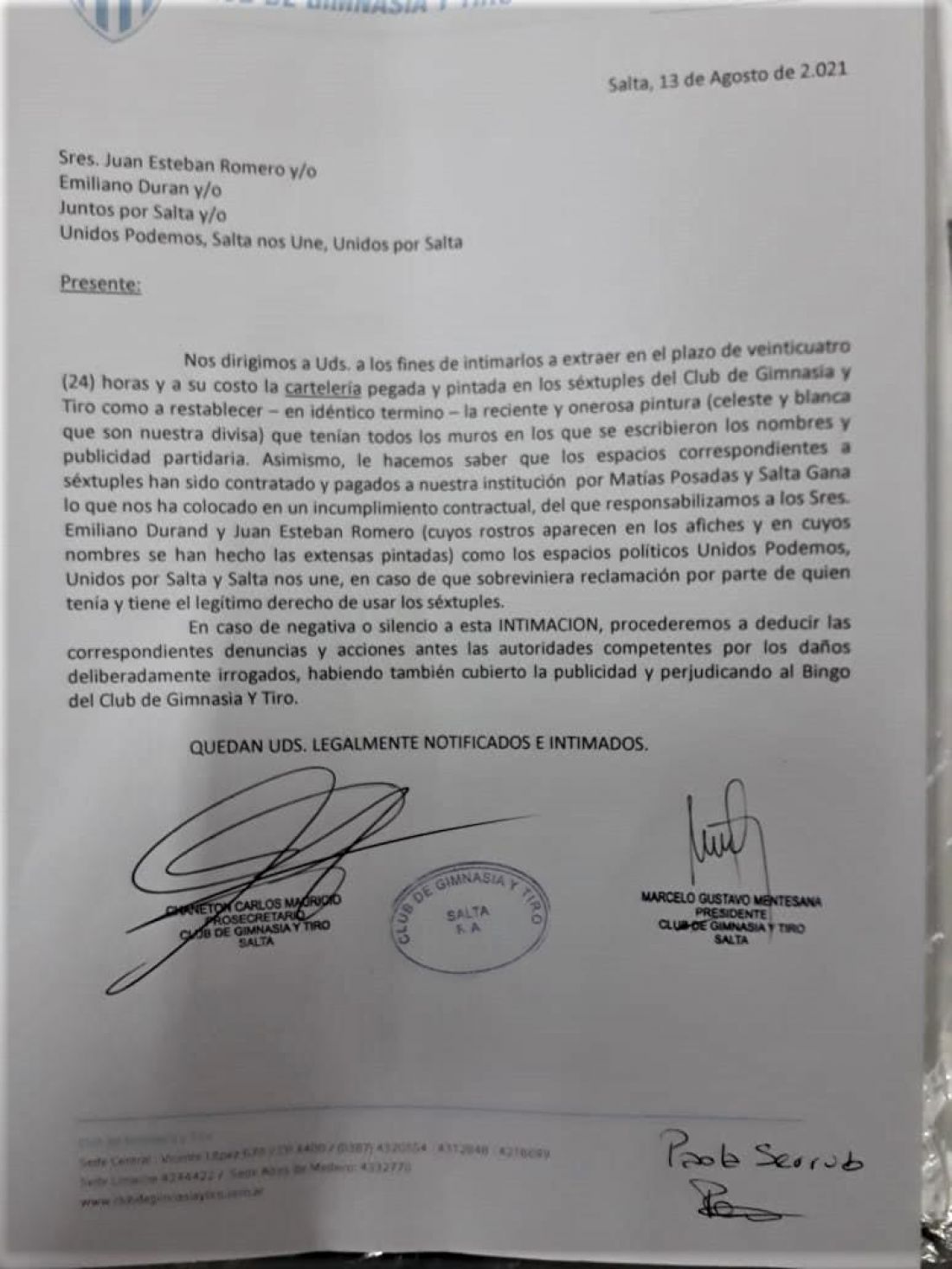 Gimnasia y Tiro denunció a candidatos políticos por pegatinas en el club